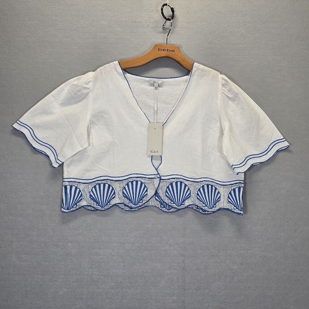 Rails Venice White Seashell Embroidered Cotton Linen Blue Crop Top Size Medium